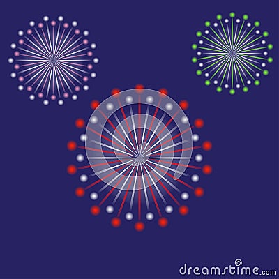 Fireworks. Vector illustration of Colorful salute on blue background. Celebrate design elements. Vector Illustration